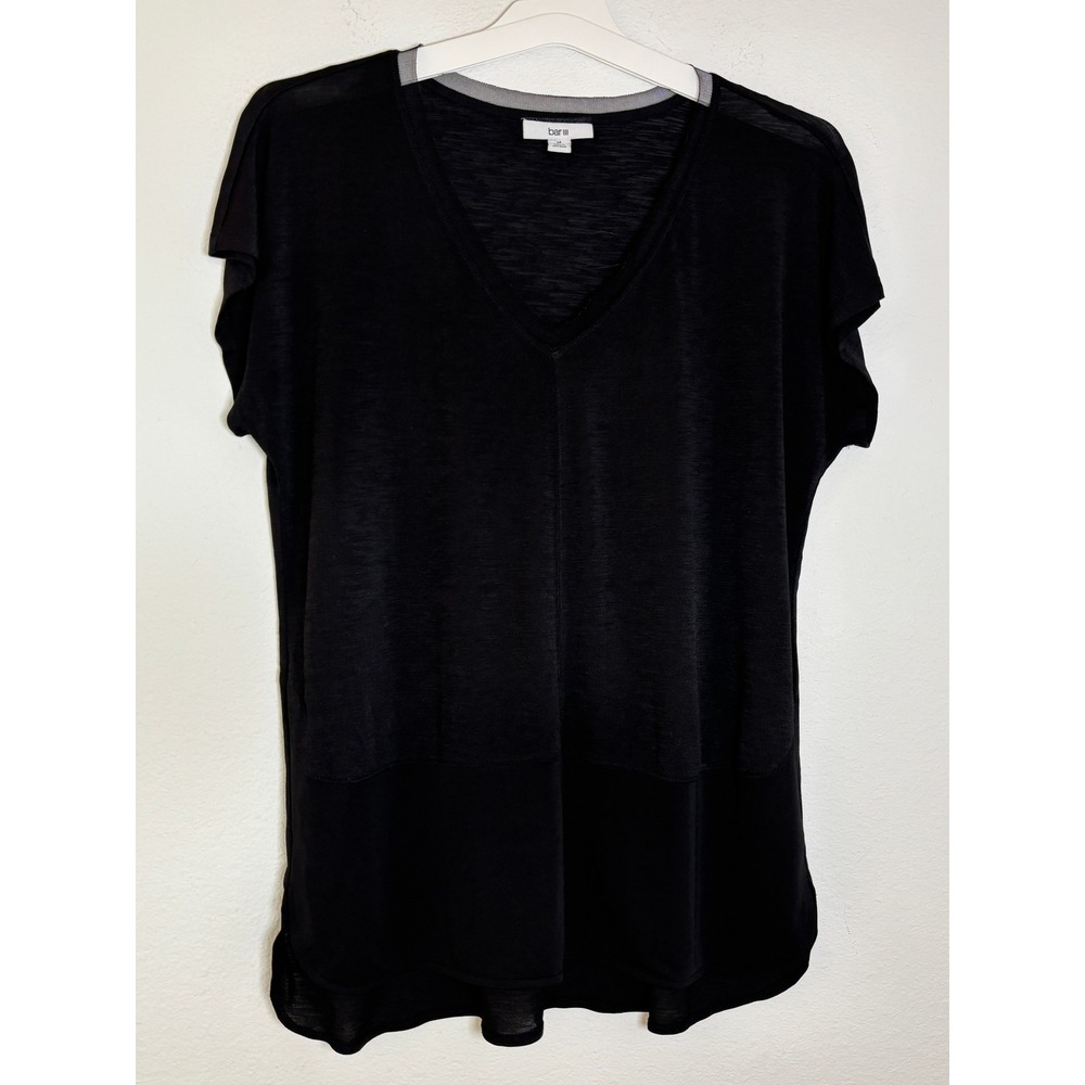 Bar III Womens Black V-Neck Short Sleeve Mesh Trim Top Size M